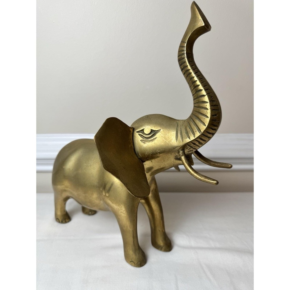 Vintage Solid Brass Elephant Figurine Trunk Up Good Luck Statue Korea 12" Large